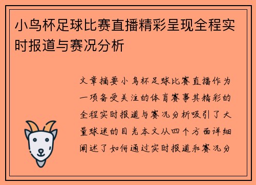 小鸟杯足球比赛直播精彩呈现全程实时报道与赛况分析